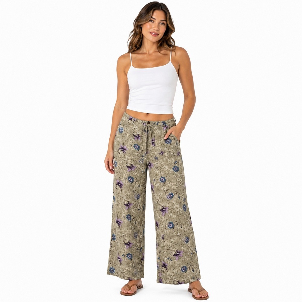 Island Traders Floral Wide Leg Pants Womens Small Tan Purple Rayon Boho Tropical